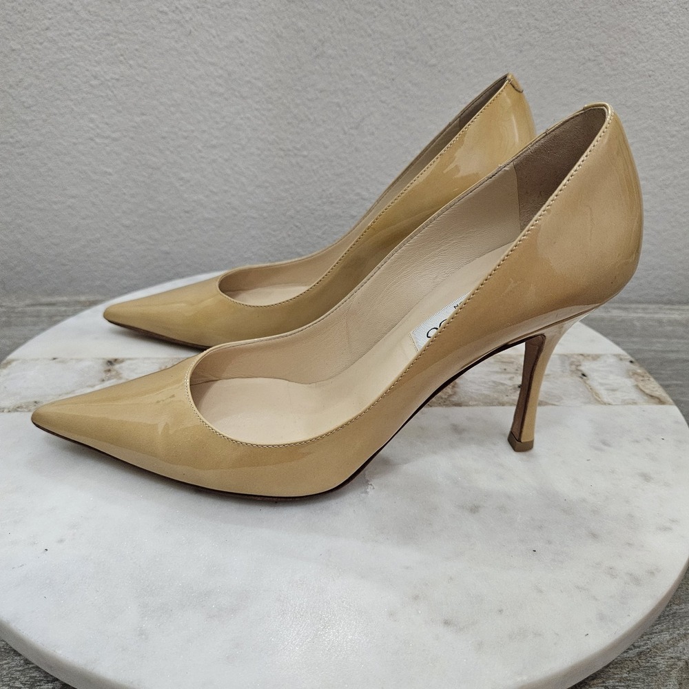 Jimmy Choo Beige Patent Leather Pointed-Toe Pumps - Picture 8 of 12